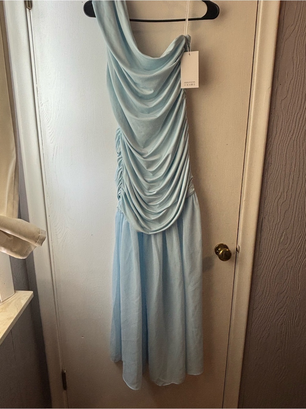 Blue one shoulder wedding guest dress